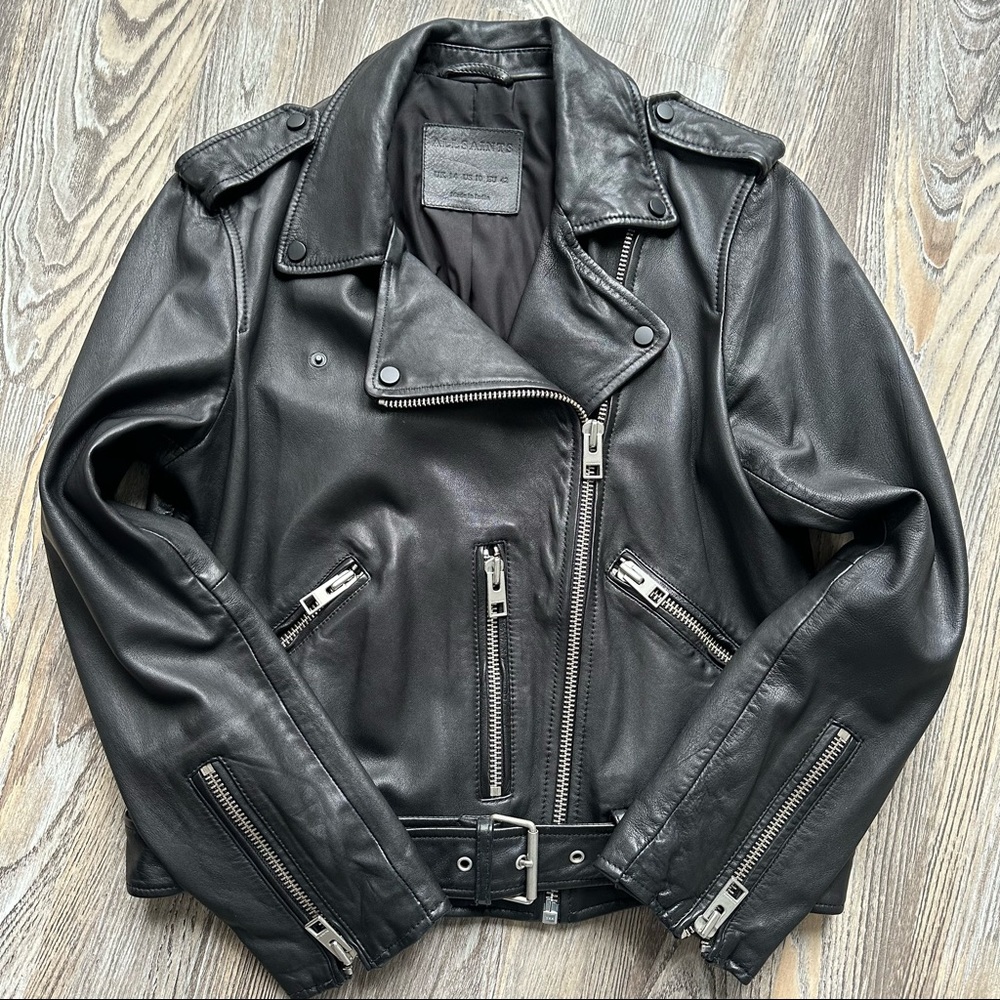 Allsaints Black Leather Balfern Jacket Sz UK 14 / US 10 - Picture 7 of 13
